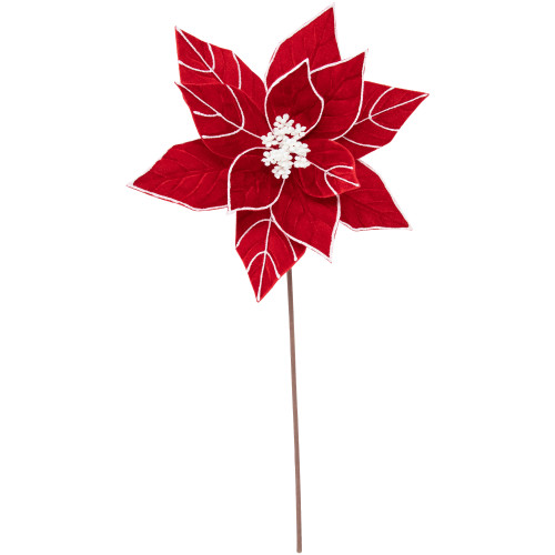 20" Red and White Velvet Glittered Poinsettia Christmas Stem Spray