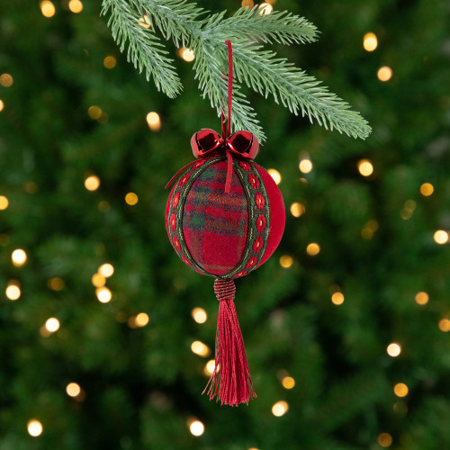 Jingle Bells and Tassels Christmas Ball Ornaments - 2.75" - Set of 4 - Green and Red