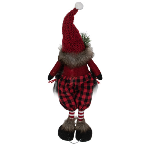 Buffalo Plaid Girl Gnome with Pigtails Christmas Figure - 17" - Red and Black