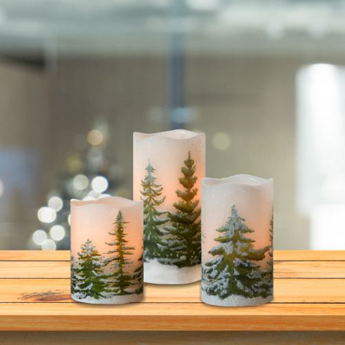 Battery Operated LED Wax Candles, Green Pines - Set of 3