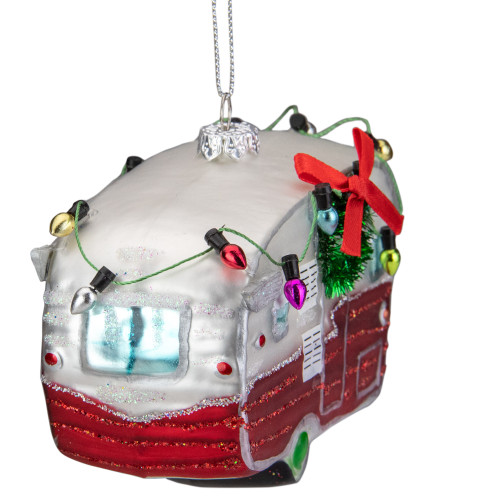 5" Red and White Vintage Camper Glass Christmas Ornament