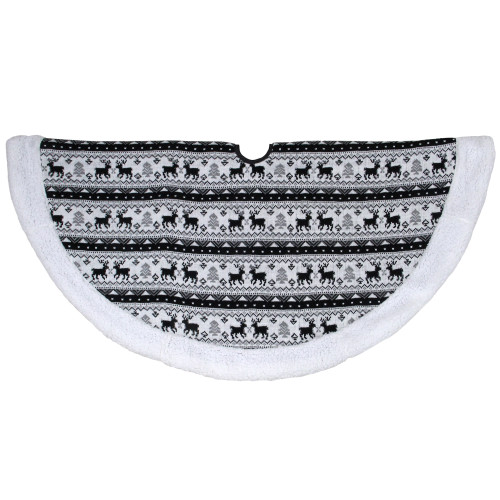 48" Black and White Knitted Reindeer Lodge Round Christmas Tree Skirt