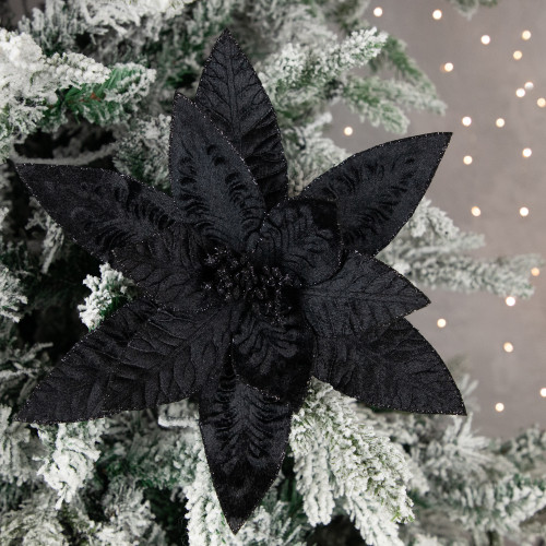 25" Black Glittered Poinsettia Christmas Floral Stem Spray