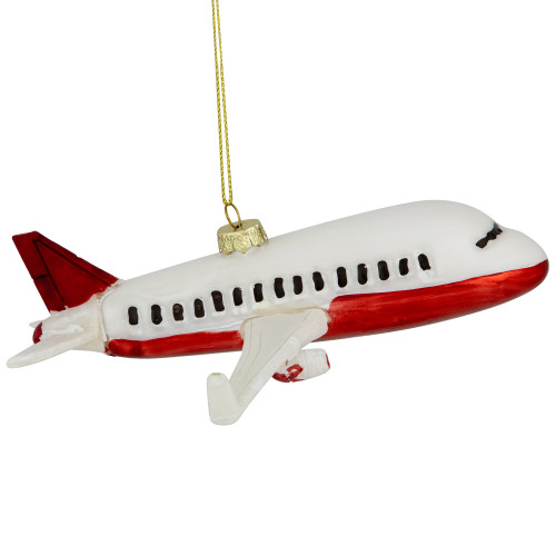 5.75" White and Red Airplane Glass Christmas Ornament