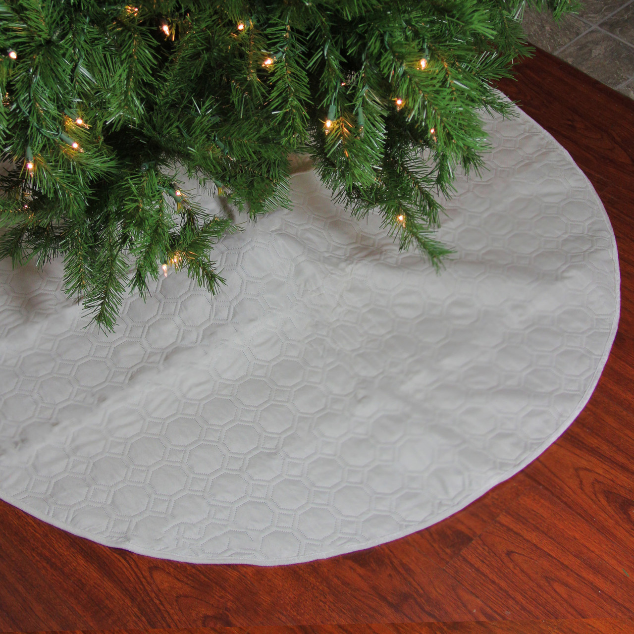 48" Cream Quilted Christmas Hexagon Tree Skirt with Velvety Trim