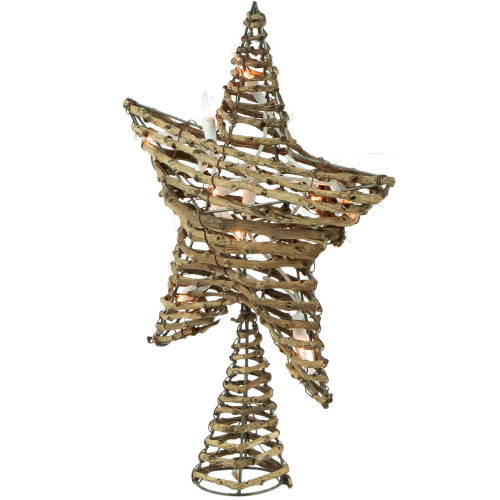 11" Lighted Rattan Twigs Star Christmas Tree Topper- Clear Lights, White Wire