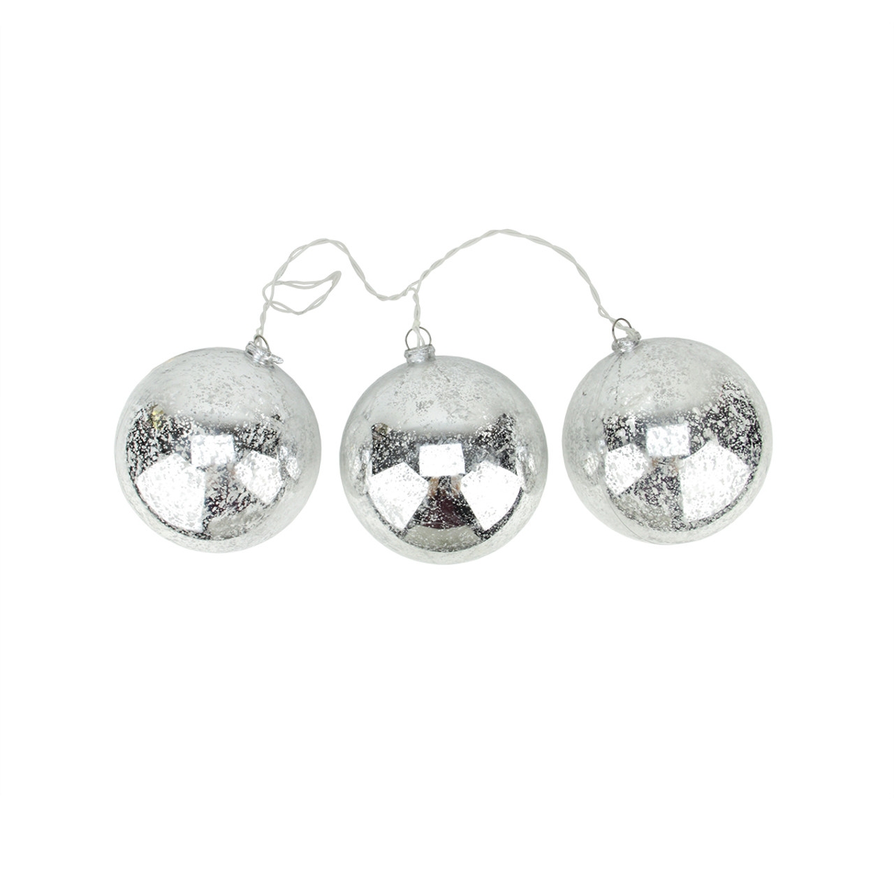 Set of 3 Lighted Silver Mercury Glass Finish Ball Christmas Ornaments - Clear Lights