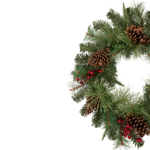 Pre-Lit Battery Operated Mixed Pine and Berries Christmas Wreath - 24" - Warm White LED Lights