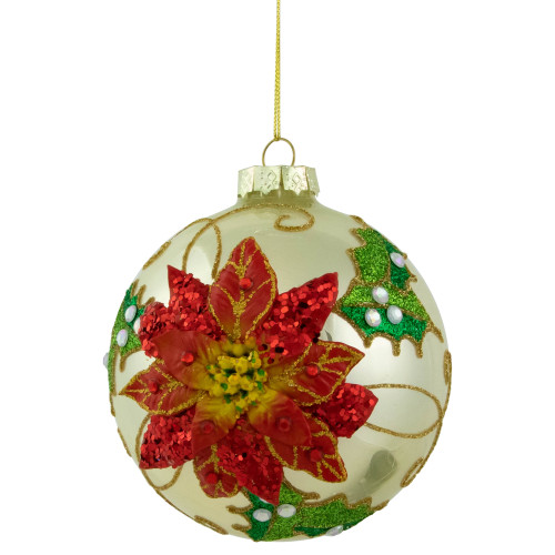 4" Red Glittered 2-D Poinsettia Glass Christmas Ball Ornament