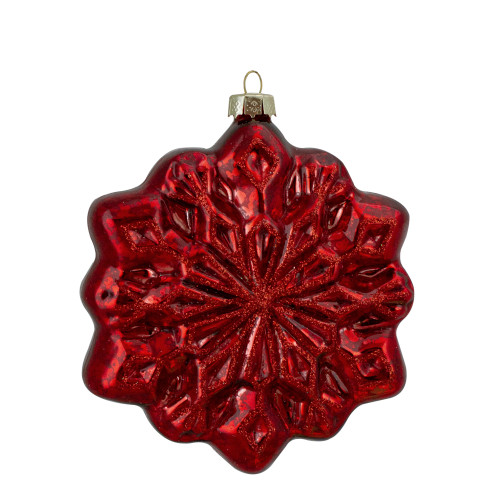 4ct Red and Silver Glass Snowflake Hanging Christmas Decorations 3.75-Inch (100mm)