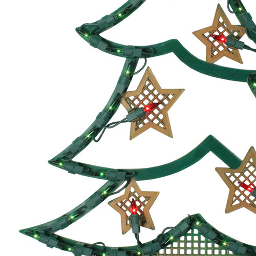 17.75" Lighted Green and Gold Christmas Tree with Stars Outdoor Window Silhouette