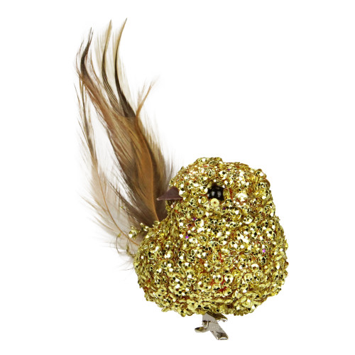 6.5" Gold Sequined Bird with Feather Tail Christmas Ornament with Clip