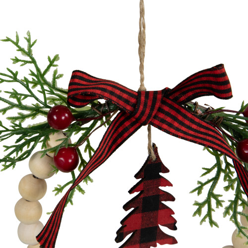 Buffalo Plaid Tree and Bow Wooden Beaded Christmas Wreath Ornament - 5.5"