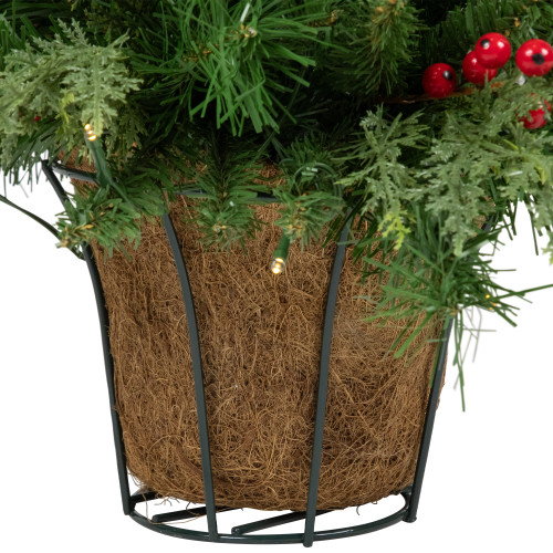 LED Lighted Red Berries and Mixed Pine Hanging Christmas Basket - 18"