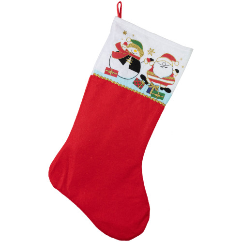 Santa and Snowman Christmas Stocking  - 19" - Red and White