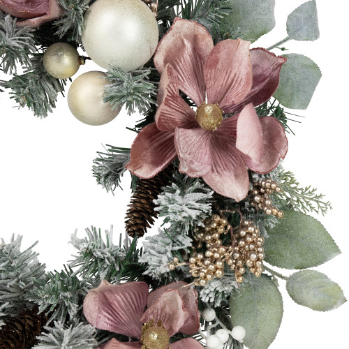 Pink Floral and Ball Ornament Frosted Pine Artificial Christmas Wreath, 24-Inch, Unlit