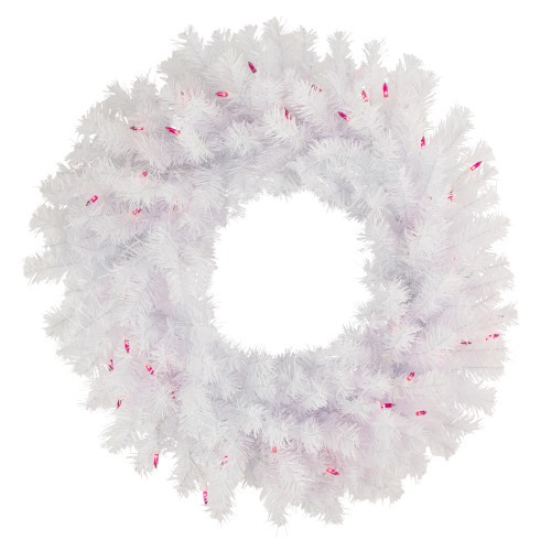 Pre-Lit Geneva White Spruce Artificial Christmas Wreath, 24-Inch, Pink Lights