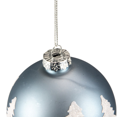 4" Slate Blue with Glittered Trees Glass Ball Christmas Ornament