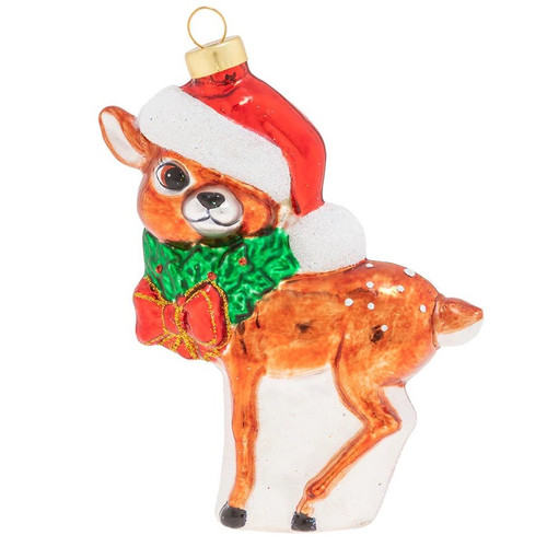 5" Jolly Reindeer Calf in Santa Hat Glass Christmas Ornament