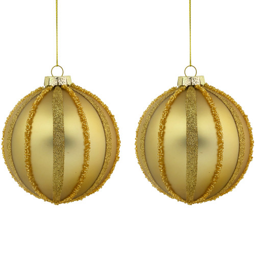 Set of 2 Gold Striped Glittered Glass Christmas Ball Ornaments 4"
