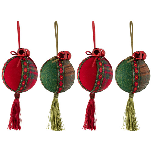 Jingle Bells and Tassels Christmas Ball Ornaments - 2.75" - Set of 4 - Green and Red