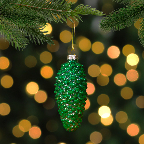 5" Shiny Green and Gold Pinecone Glass Christmas Ornament