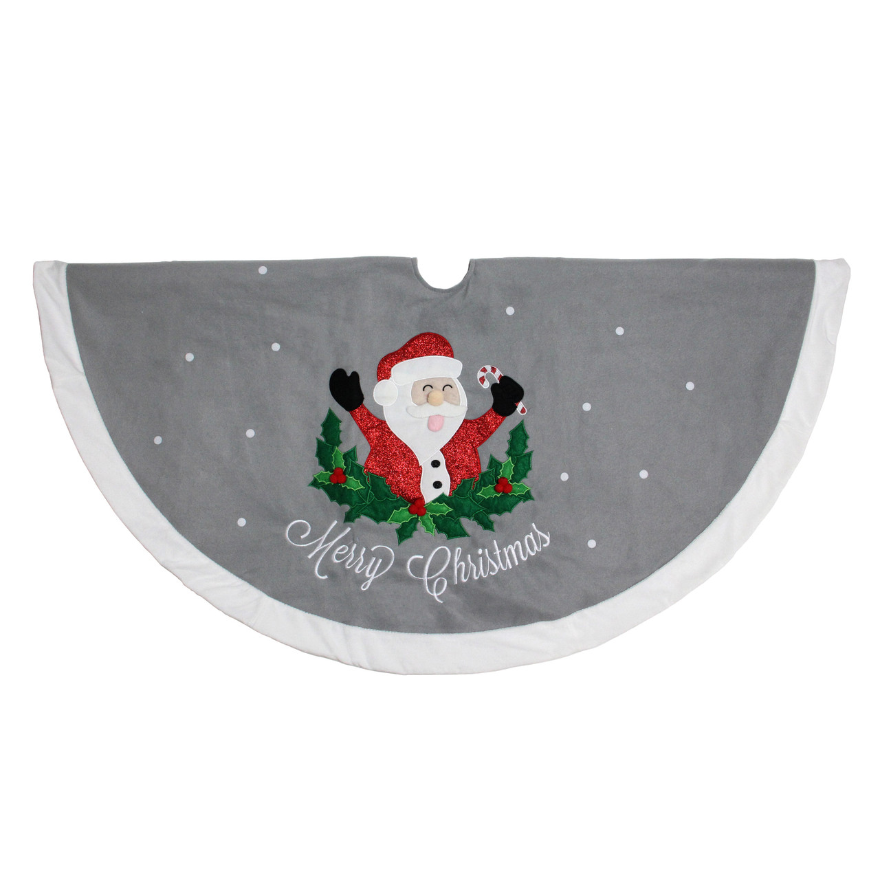 48" Gray and White Traditional Happy Santa Christmas Tree Skirt