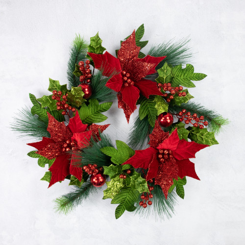 24" Glittered Red Poinsettia and Long Pine Christmas Wreath, Unlit