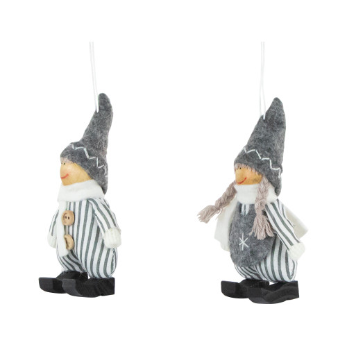 Set of 2 Gray and White Striped Plush Twin Gnomes Christmas Ornaments 5.5"
