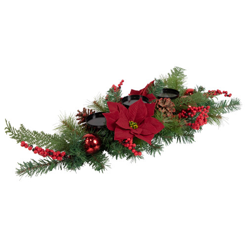 32" Artificial Mixed Pine, Berries and Poinsettia Christmas Candle Holder Centerpiece