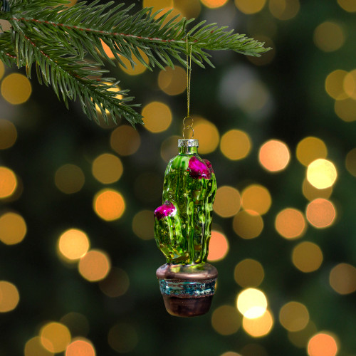 4.75" Green and Pink Potted Cactus Glass Christmas Ornament