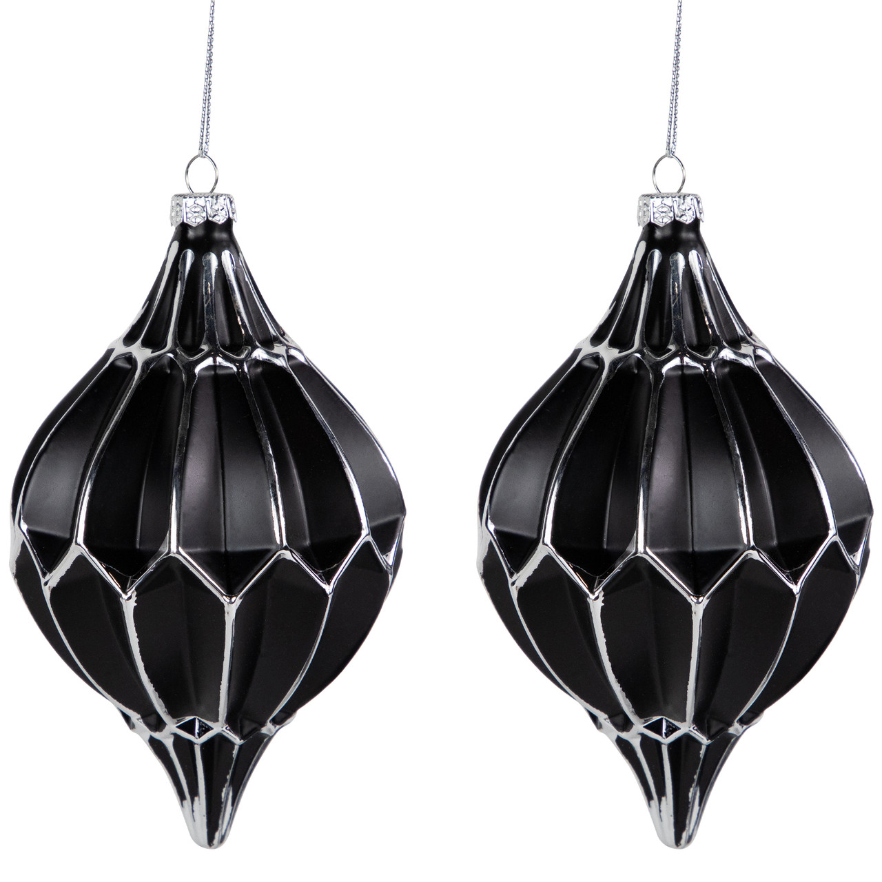 Set of 2 Matte Black and Silver Finial Christmas Glass Ornaments 5"