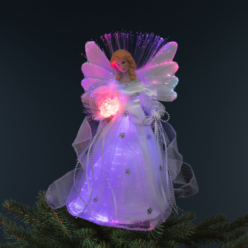 Color-changing Fiber Optic Angel with Rose Christmas Tree Topper - 12" - White