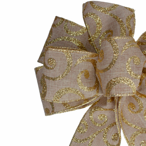 Burlap Glitter Scroll 6-Loop Christmas Bow Decoration - 9" x 14" - Brown and Gold
