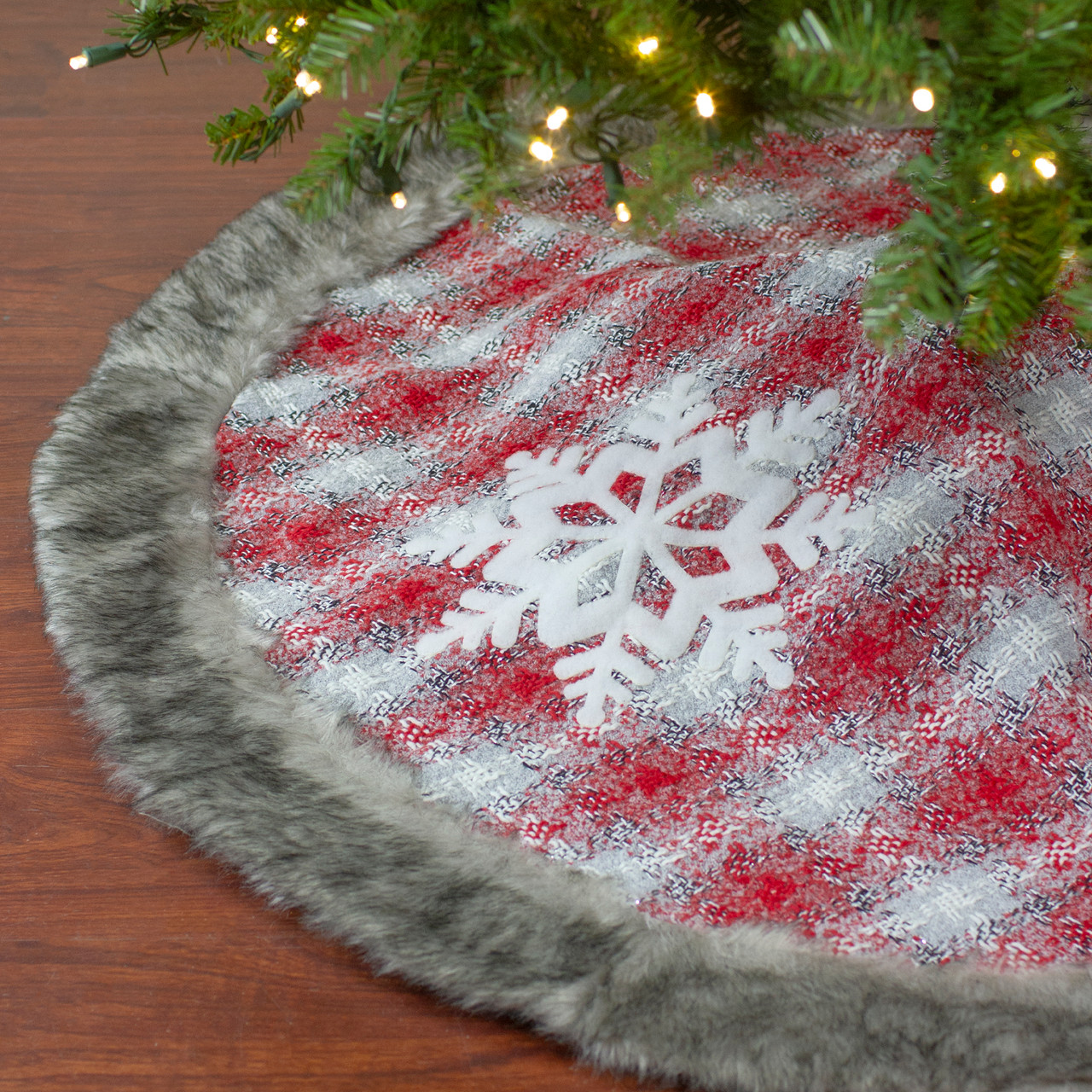 48" Red and White Plaid Christmas Tree Skirt with Snowflake