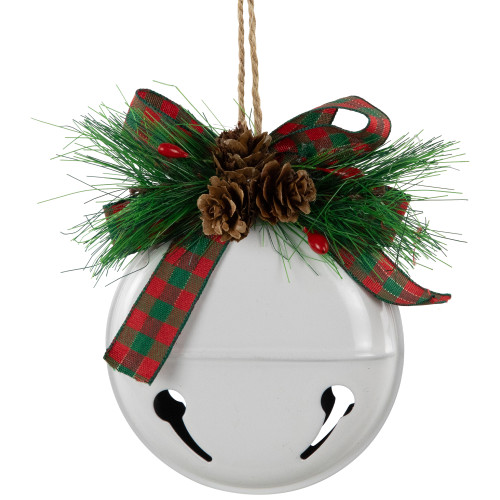 Jingle Bells with Bow and Pinecones Christmas Disc Ornaments - White - 5" - Set of 2