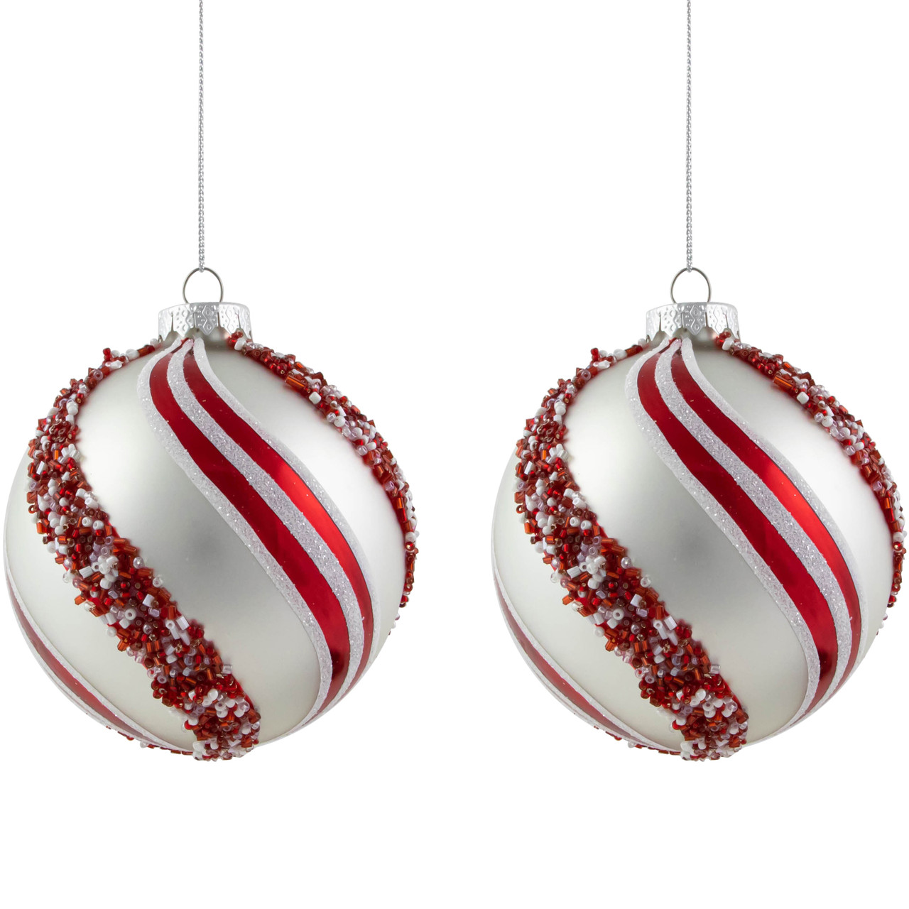 Set of 2 Silver with Red Glitter and Beads Striped Glass Christmas Ball Ornaments 4"