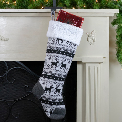 21" Black, Gray and White Rustic Lodge Knit Christmas Stocking with High Pile Fleece Cuff
