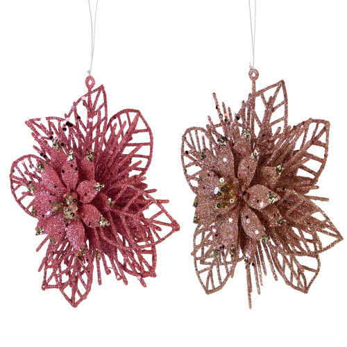 Pack of 4 Glittered Pink Poinsettia Christmas Ornaments 6"