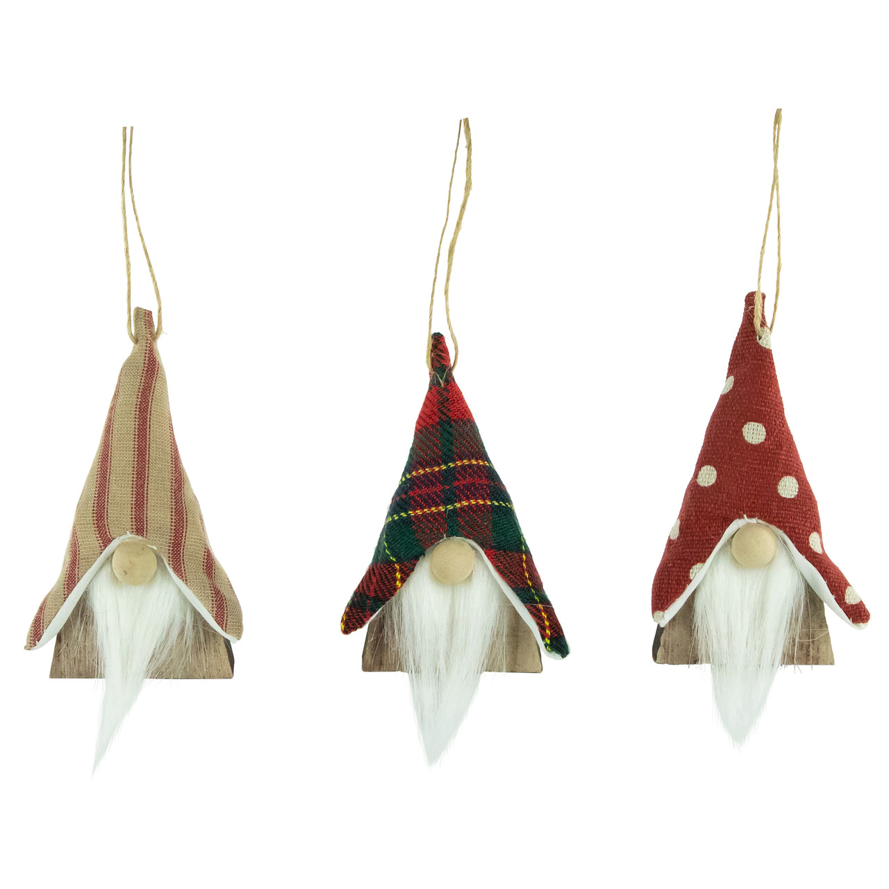 Set of 3 Wooden Gnomes Christmas Ornaments 4"