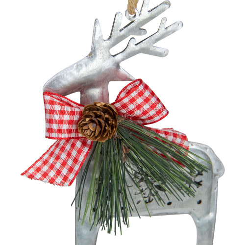 6.25" Silver Metal Reindeer Christmas Ornament with a Red Gingham Bowtie and Pine