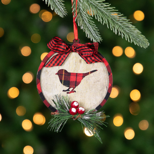 4" Red and Black Plaid Cardinal Disc Christmas Ornament