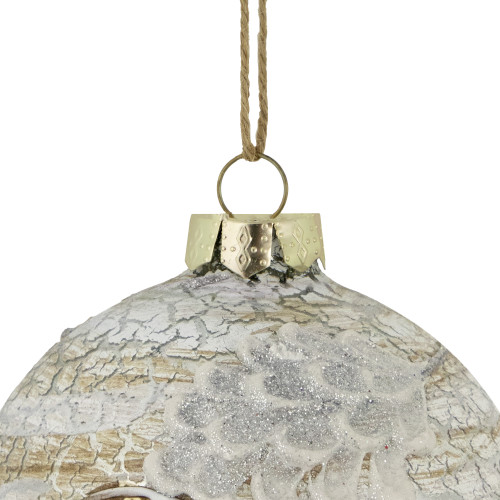 4" Birch Wood and Glitter Pine Cones Glass Ball Christmas Ornament