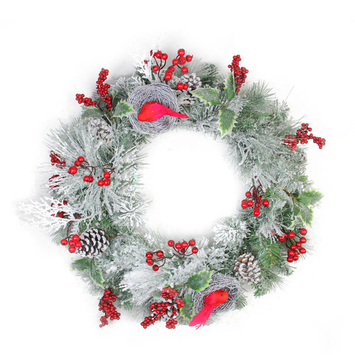 Berries and Cardinals Nests Flocked Pine Artificial Christmas Wreath - 24" - Unlit