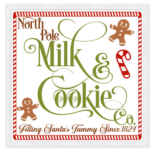 North Pole Milk and Cookie Co 9.5" x 9.5" Framed Christmas Wall Decor Art Print Sign Poster in a Natural Wooden Frame with UV Acrylic and Hangers