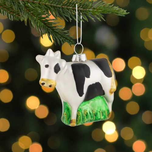 3" White and Black Cow Glass Christmas Ornament