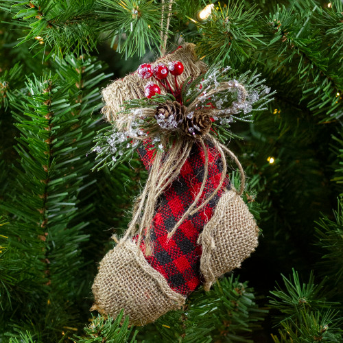 5.75" Red Plaid and Burlap Christmas Stocking Ornament