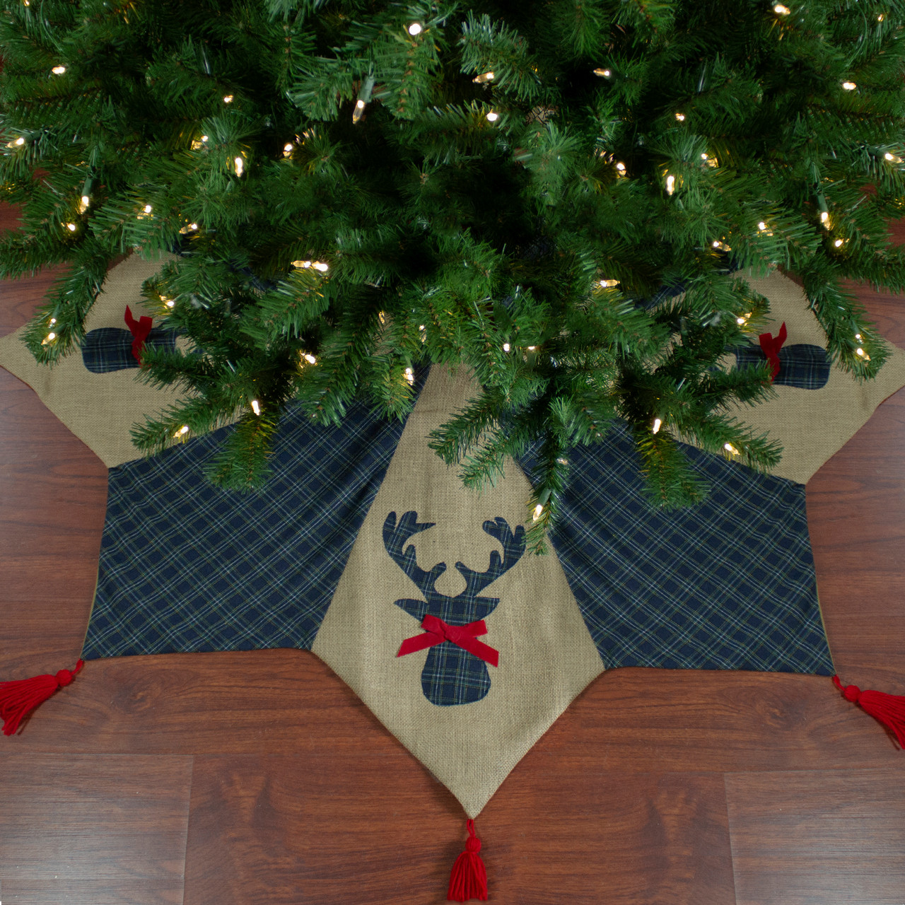 48" Blue and Brown Burlap and Plaid Reindeer Christmas Tree Skirt with Tassels