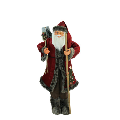 48" Red and Brown Santa Claus with Walking Stick Standing Christmas Figure