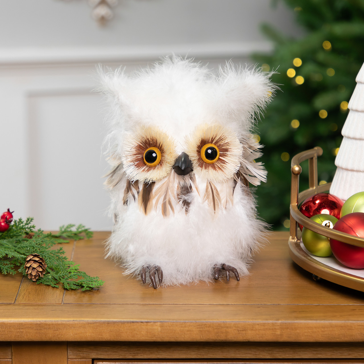 Woodland Feathery Owl Christmas Tabletop Figure - 7"
